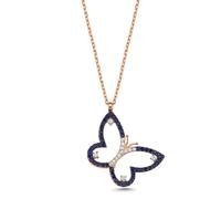 Elegante Schmetterling-Halskette 925 Sterling Silber Rosegold - Mit funkelnden blauen Zirkonia-Steinen besetzt