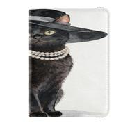 Elegante schwarze Katze mit Hut, Leder, Reisepass- und Impfkartenhalter, Kombi-Reisepasshülle, Reisepasshülle mit RFID-Blockierung, für Reisen, unverzichtbar, wasserdicht