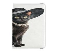 Elegante schwarze Katze mit Hut und Perlen, Leder, Reisepass- und Impfkartenhalter, Kombi, Reisedokumente, Organizer, Schutz, Reisepasshülle für Reisen, unverzichtbar, wasserdicht