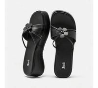 Elegante schwarze Keilpantoletten für Damen, Blumen-Dekor Sandalen, Urlaubsschuhe, Sommerschlussverkauf, Schulanfang, Studentenschuhe, Weihnachten, He