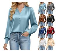 Elegante Seidenbluse Damen V-Ausschnitt Satin-Bluse Elegant Blau Langarm Oberteil Sommer Hemdbluse Seiden-Shirt Festlich Blusentops Oversize Hemd Blusenshirt Festliche Blusen