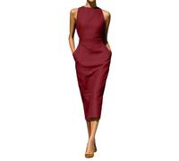 Elegante Sommerkleid Damen Lang Ärmellos Kleid A Linie Figurumspielend Festliche Kleider Midi Business Tailliert Sommerkleider Leicht und Luftig Midikleid Frauen Sommer Rundhals mit Taschen