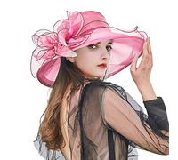 Elegante Sonnenhüte Organzablumen Hut Damen Sommerhut Frauenorganza Hut Damenhut Strandsonnenschutz Wide Brim Sommer Strand Hut Organzahut Fascinator Hut für Strand Kirche Party (Hot Pink, One Size)