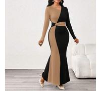 Elegante Strickkleid in Schwarz und Weiß mit rundem Ausschnitt, Meerjungfrauenform und langen Ärmeln, geeignet für Herbst und Winter im Büro