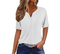 Elegante Tops Damen, Damen T Shirt V Ausschnitt Lochstickerei Kurzarmbluse Knopfleiste Elegant Lässig Business Sommer Ausgehen Tunika für Alltag und Beruf Weiß XL