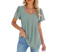 Elegante Tops Damen, Damenbluse Rüschen Kurzarm T Shirt Eckiger Ausschnitt Falten Lochstickerei Lockere Passform Elegante Tunika Lässiges Sommer Ausgeh Top für Den Alltag Grün L