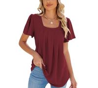Elegante Tops Damen, Damenbluse Rüschenbluse Kurzarm T Shirt Eckigem Ausschnitt Falten und Lochstickerei Lockere Passform Elegante Tunika Lässiges Sommer Outfit Bordeauxrot Größe L