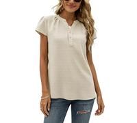 Elegante Tops Damen, Damenbluse Schweizer Punktmuster Kurzarm Chiffonbluse Knopfleiste V Ausschnitt Puffärmel Fließende Tuniken Lockere Lässige Oberteile für Den Alltag Aprikose XL