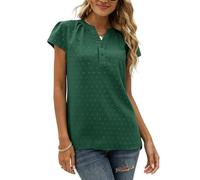 Elegante Tops Damen, Damenbluse Schweizer Punktmuster Kurzarm Chiffonbluse Knopfleiste V Ausschnitt Puffärmeln Fließende Tuniken Lockere Lässige Oberteile für Den Alltag Grün Xs