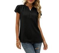Elegante Tops Damen, Damenbluse Schweizer Punktmuster Kurzarm Chiffonbluse Knopfleiste V Ausschnitt Puffärmel Fließende Tuniken Lockere Lässige Oberteile für Den Alltag Schwarz Xs