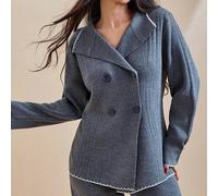 Elegante zweireihige geknöpfte Strickjacke mit handgenähtem Saum und weiten Beinen, farblich kontrastierender handgenähter Saum, 2-teiliges gestrickte