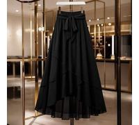 Eleganter asymmetrischer Midi-Rock aus Chiffon in Große Größen mit Schleife an der Taille - Schwarzer langer Sommerrock für Frauen, schwarzer High-Low