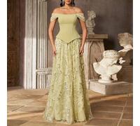 Eleganter blassgelb-grüner Off-Shoulder A-Linien-Rock mit Kappe, minimalistisch-schick, gestrickt, elastisch, Patchwork, luxuriöser Mesh, Stickerei un