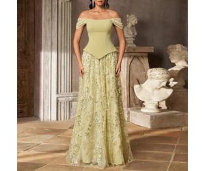 Eleganter blassgelb-grüner Off-Shoulder A-Linien-Rock mit Kappe, minimalistisch-schick, gestrickt, elastisch, Patchwork, luxuriöser Mesh, Stickerei un