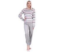 Eleganter Damen Frottee Pyjama Langarm Schlafanzug mit Bündchen in Streifenoptik - 212 840, Farbe:grau, Größe:48-50
