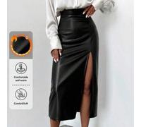 Eleganter Damen Lederrock in Schwarz, knielang, mit hohem Schlitz, modischer Oberschenkel-Schlitz Stil