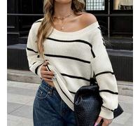 Eleganter Damen Mode Schwarz-Weiß gestreifter Strickpullover, lässiger, weiter Langarm-Pullover, Rundhalsausschnitt mit Dropped-Shoulder-Design, geeig