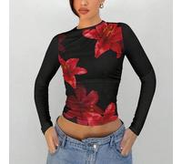 Eleganter Damen Pullover mit schwarzem Hintergrund und Lilien Blume Muster, Rundhalsausschnitt, Langarm, vielseitig einsetzbar als Basisschicht im Her