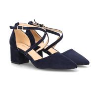Eleganter Damenschuh mit mittelhohem Absatz, gekreuzten Riemen, spitzer Zehenpartie und Schnallenverschluss. Bequemer, breiter Absatz, ideal für Alltag und besondere Anlässe. Geschlossene Ferse.
