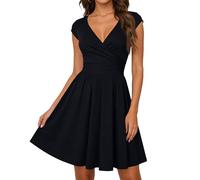 Eleganter Festkleid Damen Festlich Wickeloptik V Ausschnitt Elegant Kurzarm A-Line Modern Cocktailkleid für Party und Feierlichkeiten Black L