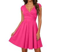 Eleganter Festkleid Damen Festlich Wickeloptik V Ausschnitt Elegant Kurzarm A-Line Modern Cocktailkleid für Party und Feierlichkeiten Hot Pink XL