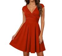 Eleganter Festkleid Damen Festlich Wickeloptik V Ausschnitt Elegant Kurzarm A-Line Modern Cocktailkleid für Party und Feierlichkeiten Deep Red XXL