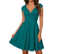Eleganter Festkleid Damen Festlich Wickeloptik V Ausschnitt Elegant Kurzarm A-Line Modern Cocktailkleid für Party und Feierlichkeiten Light Green M
