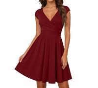 Eleganter Festkleid Damen Festlich Wickeloptik V Ausschnitt Elegant Kurzarm A-Line Modern Cocktailkleid für Party und Feierlichkeiten Wine L