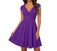 Eleganter Festkleid Damen Festlich Wickeloptik V Ausschnitt Elegant Kurzarm A-Line Modern Cocktailkleid für Party und Feierlichkeiten Purple M