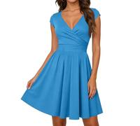 Eleganter Festkleid Damen Festlich Wickeloptik V Ausschnitt Elegant Kurzarm A-Line Modern Cocktailkleid für Party und Feierlichkeiten Light Blue L