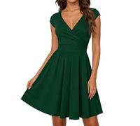 Eleganter Festkleid Damen Festlich Wickeloptik V Ausschnitt Elegant Kurzarm A-Line Modern Cocktailkleid für Party und Feierlichkeiten Army Green XXL