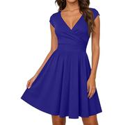 Eleganter Festkleid Damen Festlich Wickeloptik V Ausschnitt Elegant Kurzarm A-Line Modern Cocktailkleid für Party und Feierlichkeiten Royal Blue S