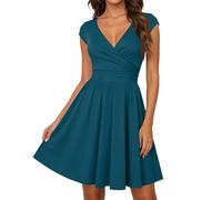 Eleganter Festkleid Damen Festlich Wickeloptik V Ausschnitt Elegant Kurzarm A-Line Modern Cocktailkleid für Party und Feierlichkeiten Green L