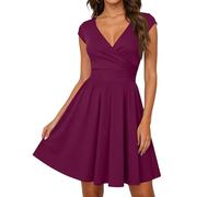 Eleganter Festkleid Damen Festlich Wickeloptik V Ausschnitt Elegant Kurzarm A-Line Modern Cocktailkleid für Party und Feierlichkeiten Red XL