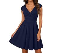 Eleganter Festkleid Damen Festlich Wickeloptik V Ausschnitt Elegant Kurzarm A-Line Modern Cocktailkleid für Party und Feierlichkeiten Navy XXL