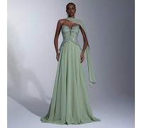 Eleganter grau-grüner luxuriöser verzierter Off-Shoulder vintage palastartiger extra-großer A-Linien-Rock mit verstellbarer Taillenkordel, geeignet fü