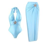 Eleganter hellblauer glänzender Einteiler Badeanzug mit Seestern Dekor & Strandrock für Damen, Sommer