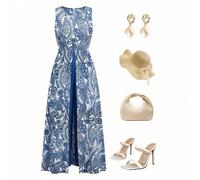 Eleganter Jumpsuit im Wickelstil mit rundem Ausschnitt und Blume Muster für den Sommer, blaues Maxikleid, blaue Frühlingskleider, blaue Sommerkleider