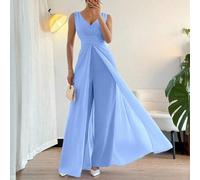 Eleganter Jumpsuit mit V-Ausschnitt, geraffter Taille, Perlendetails und weitem Bein aus Chiffon, geeignet als Kleid für Hochzeitsgäste, Farbe Lila, a