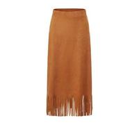 Eleganter, lässiger, bohemian-inspirierter Midi-Rock mit hoher Taille - aus braunem Kaffee-Samt, mit Fransen-Saum, minimalistischer Mode, weich & bequ