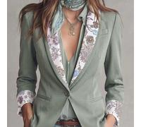 Eleganter lässiger Damen-Blazer in Grau-Grün mit Patchwork-Printdesign und echten Taschen, Herbst-/Winter-Outfit, Damen-Pendler-Outfit, gemusterte Jac