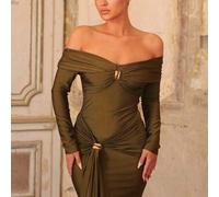 Eleganter luxuriöser Off-Shoulder elastischer Strick-Meerjungfrau-Rock mit Twist, Raffung und Metallverzierung, geeignet für Hochzeit, Party, Junggese