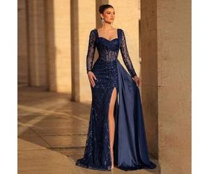 Eleganter, luxuriöser Satinrock mit bestickter Spitze, Pailletten und seitlichem Schlitz im Fischschwanzdesign, geeignet für Hochzeiten, Partys, Urlau