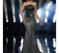 Eleganter, luxuriöser Satinrock mit Pailletten, Perlen und Blumenpatchwork, mit Strass verziert und seitlichem Schlitz, geeignet für Hochzeiten, Party