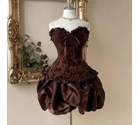 Eleganter Luxus Schokoladenbrauner Off-Shoulder Batik-Flockdruck Jacquard Plissee Glänzende Organza Ballonrock, komplexe Fischgrätform mit mehrlagigem