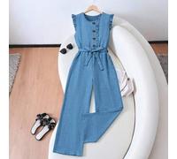 Eleganter minimalistischer Jumpsuit für Tween Mädchen, aus blauem strukturiertem Stoff, mit rundem Ausschnitt, ärmelloser Rüschenverzierung, geeignet