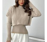 Eleganter, minimalistischer, legerer Mode-Pendler-Allrounder Rundhals 2-in-1 Khaki-Pullover, geeignet für Senioren, Herbst/Winter, Langarm-Oberteil