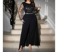 Eleganter Party-Jumpsuit für kurvige Damen in großen Größen aus schwarzem und silberglänzendem Paillettenstoff mit fließendem Chiffon-Cape. Der Jumpsu