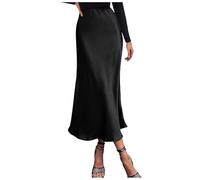 Eleganter Rock mit hoher Taille für Damen, solides Satinkleid, eleganter Rock mit elastischer Taille (Black, S)