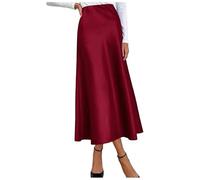 Eleganter Rock mit hoher Taille für Damen, solides Satinkleid, eleganter Rock mit elastischer Taille (Red, XL)